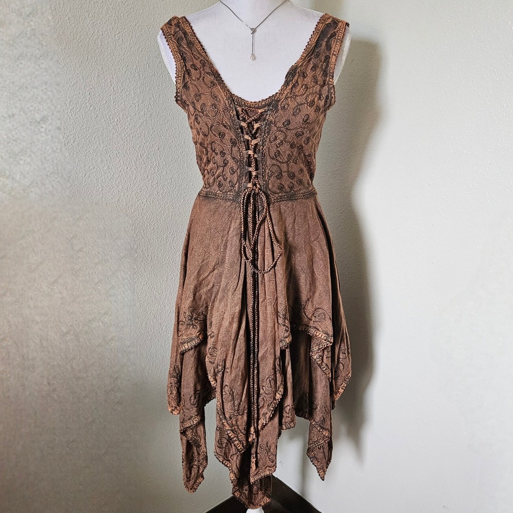 Flower Brown Boho Embroidered Handkerchief Hem Dress - Picture 2 of 4